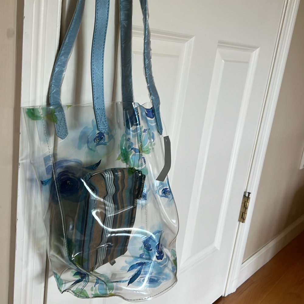 NWT Clear Floral Tote Bag with Blue Accents